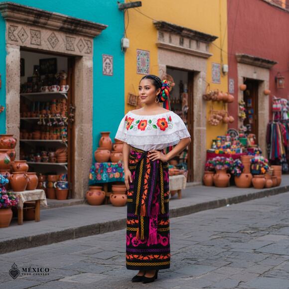 Traditional Mexican Floral Cambaya Dress Set – Handmade Three-Pieces - Picture 4 of 8